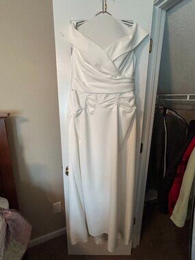 DB Studio Crepe Off-the-Shoulder Sheath Wedding Dress - Soft White - Size 18W